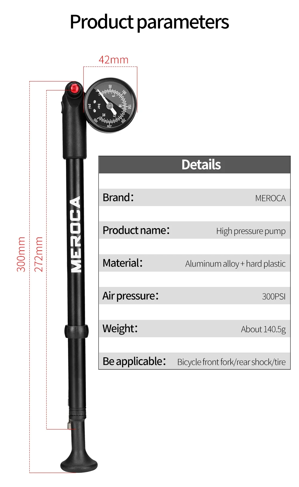 MEROCA Hochdruck-Stoßdämpferpumpe, tragbare Fahrradgabel- und Hinterrad-Stoßdämpfer-Luftpumpe 300 PSI – Detail 4