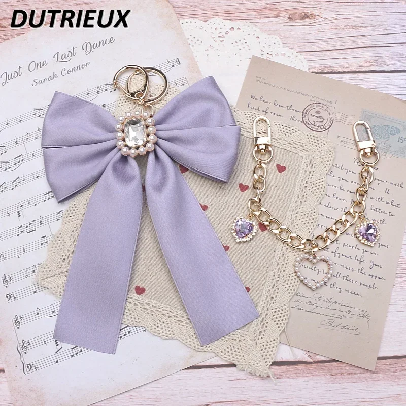 Japanese Mine Sweet Cute Accessories Big Bow Beaded Chain Rhinestone Heart Shape Bag Pendant for Women Key Chain Keychain