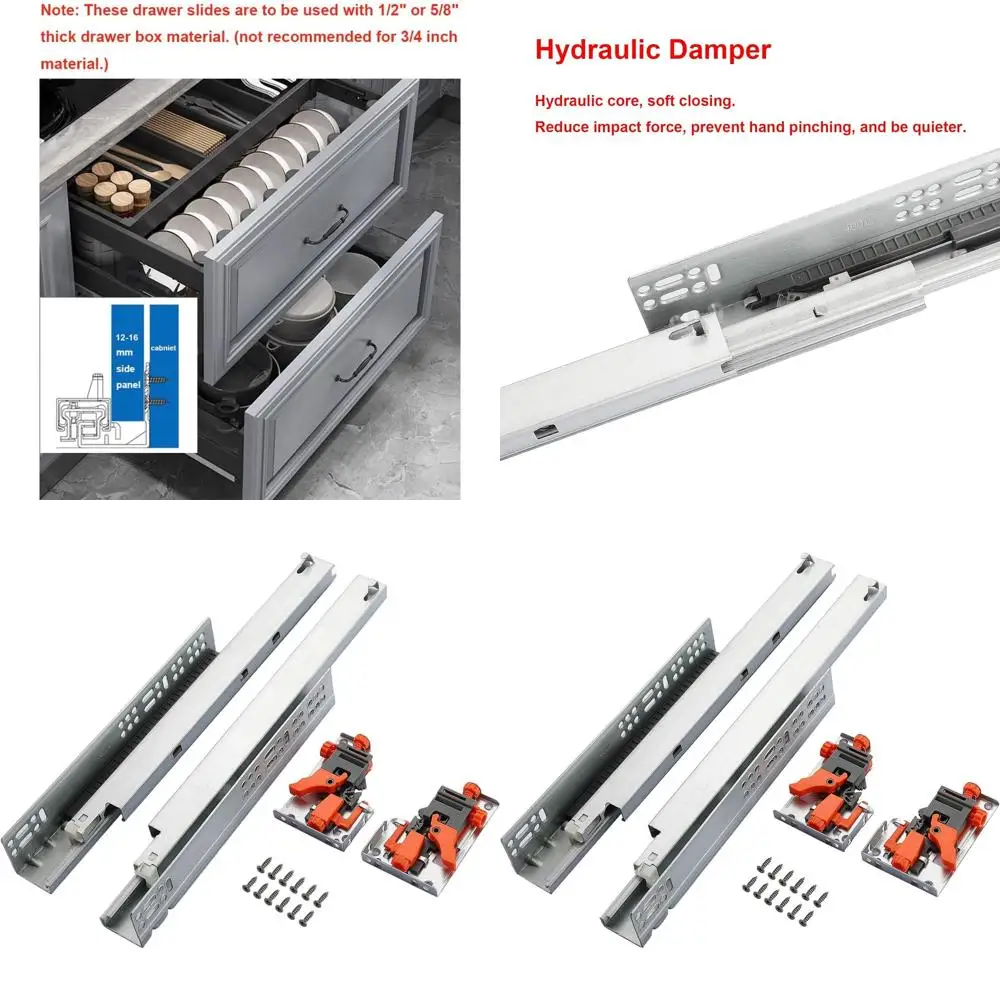

20-дюймовые парные направляющие скрытого монтажа для выдвижных ящиков с плавным закрыванием, нагрузка до 100 фунтов, полный выдвиж, скрытые направляющие, 3D-фиксация