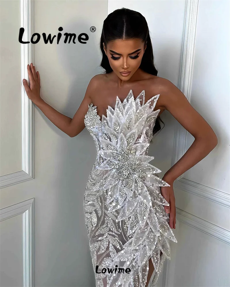 Arabic Evening Dresses Engagement Gowns 5D Leaf Crystals Ivory White Mermaid Long Prom Dress Wedding Party Gowns Robe De Soiree