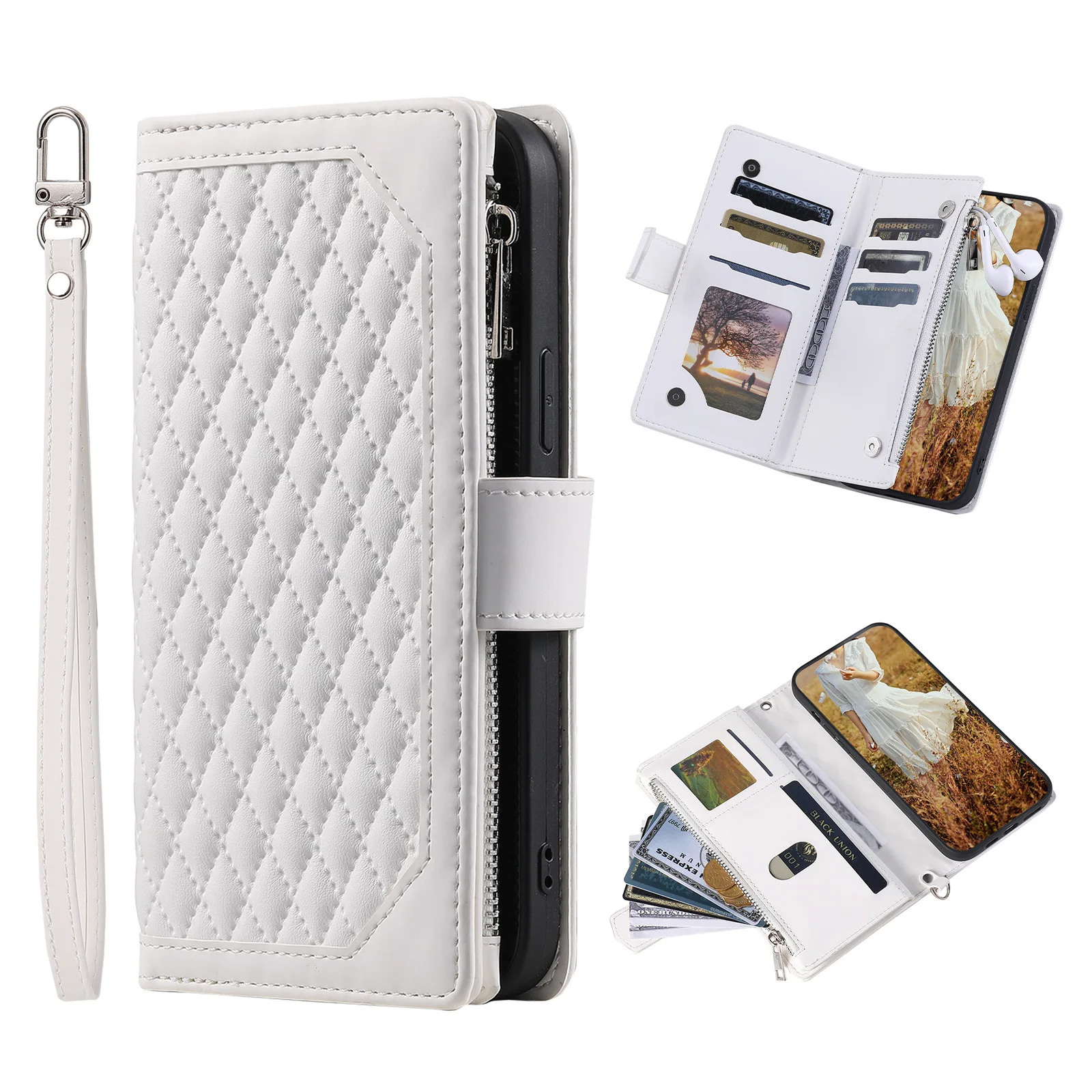 

Multi 6 Cards Checkered Leather Zipper Wallet Case for Samsung Galaxy A Quantum6 5 Buddy5 4 2 Wide 6 Jump 3 Jean 2 Flip Cover