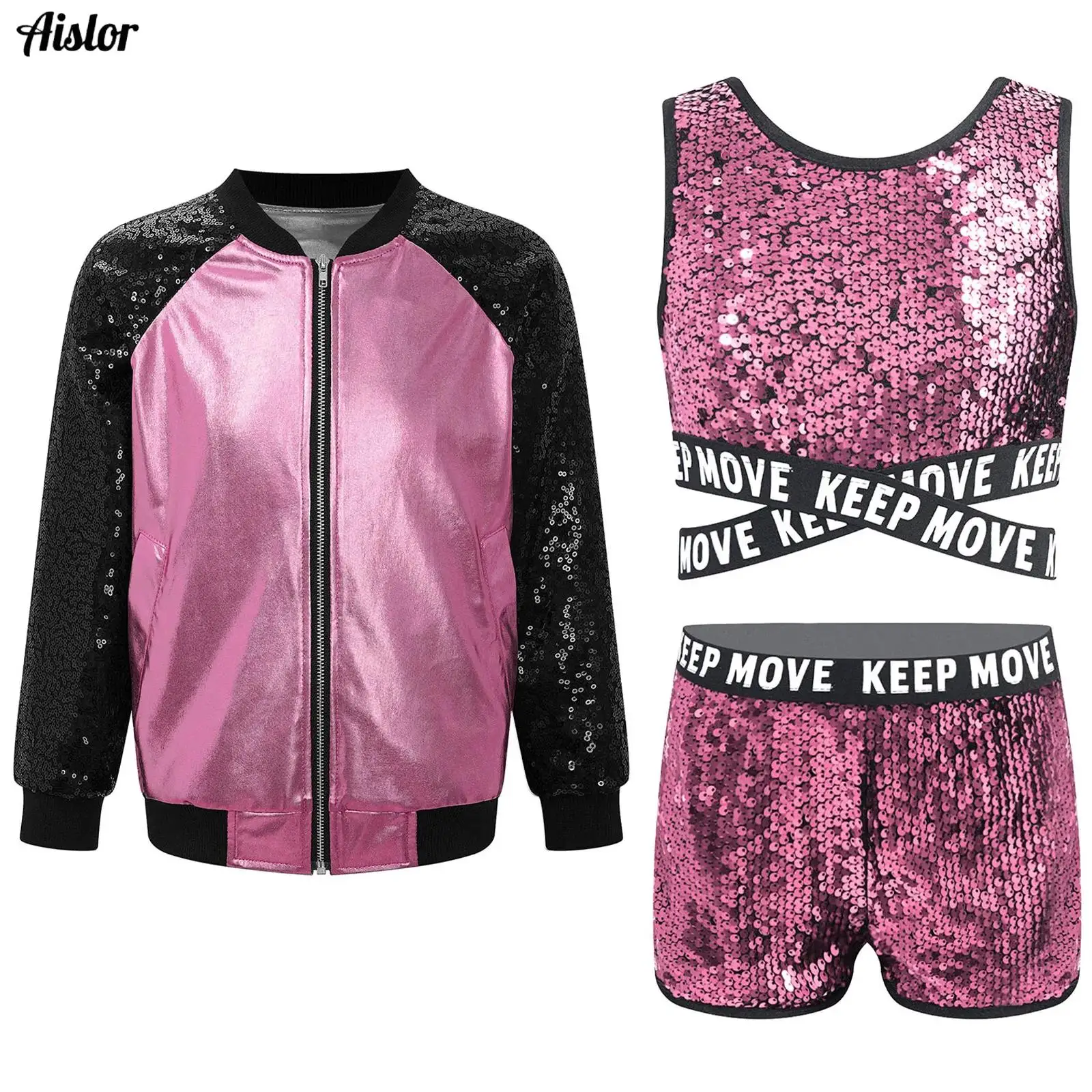 

Kids Girls Hip Hop Dance Costumes Spaghetti Shoulder Straps Vest+Shorts+Long Sleeve Zipper Metallic Jacket Coat 3Pcs Sports Suit