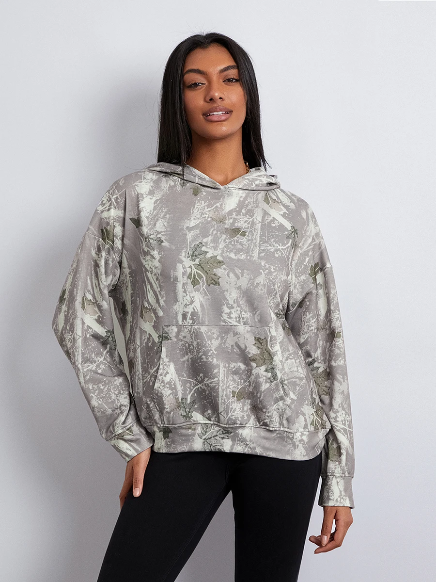 Women’s Oversized Hoodies Fashion Long Sleeve Leaf Print Baggy Sweatshirts Streetwear