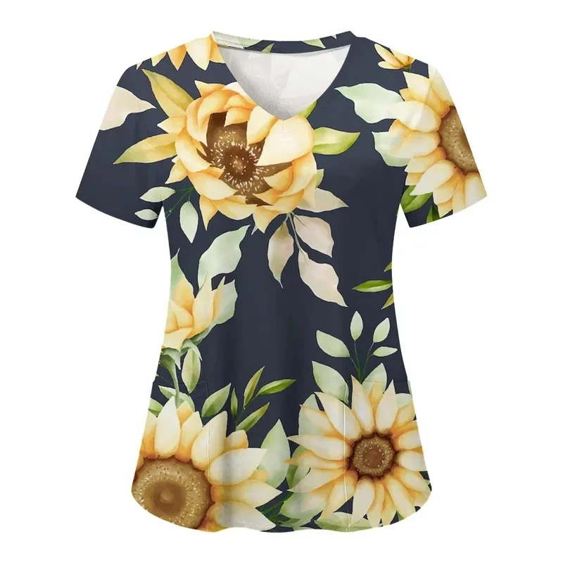 Women's simple floral short-sleeve shirtVMedical staff uniforms Fashionable printed clinical nurse uniform surgical gownTShirt