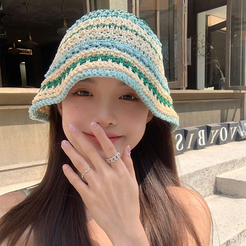 2023 Japanese Retro Hollow Flower Handmade Knitted Hat Women\'s Spring Summer Breathable Sunscreen Sun Bucket Hat