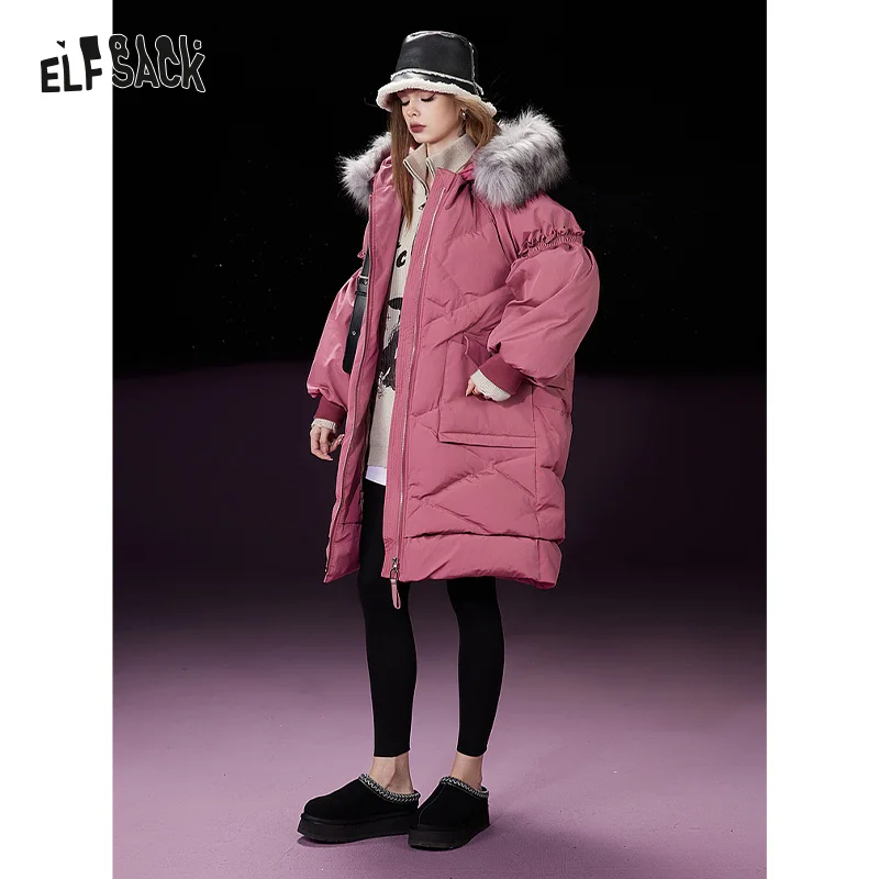 ELFSACK Detachable Hooded Warm Down Coats Women 2023 Winter Mid-length Cargo Coats