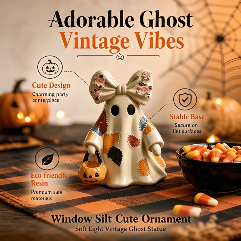 Halloween Retro Ghost Resin Figurine, Cute Bow & Pumpkin Bucket Vintage Patch, Ins Style Shelf Table Decor, Gift for Her Bestie