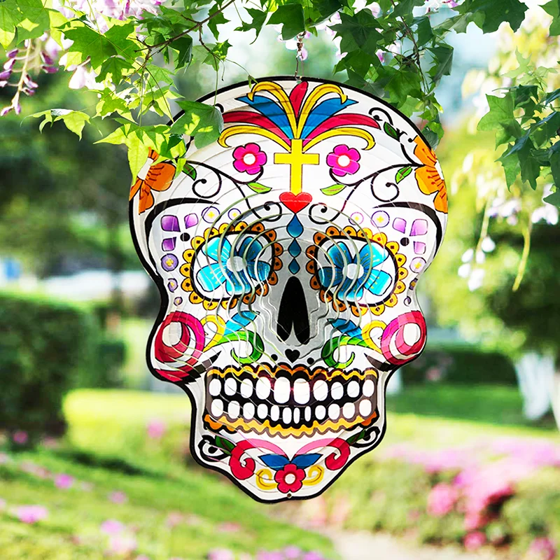 PSATHENATI  Kinetic 3D Metal Wind Spinner Unique Gifts Decorations Quality Hanging Home and Garden 12inch Mandala Sugar Skull