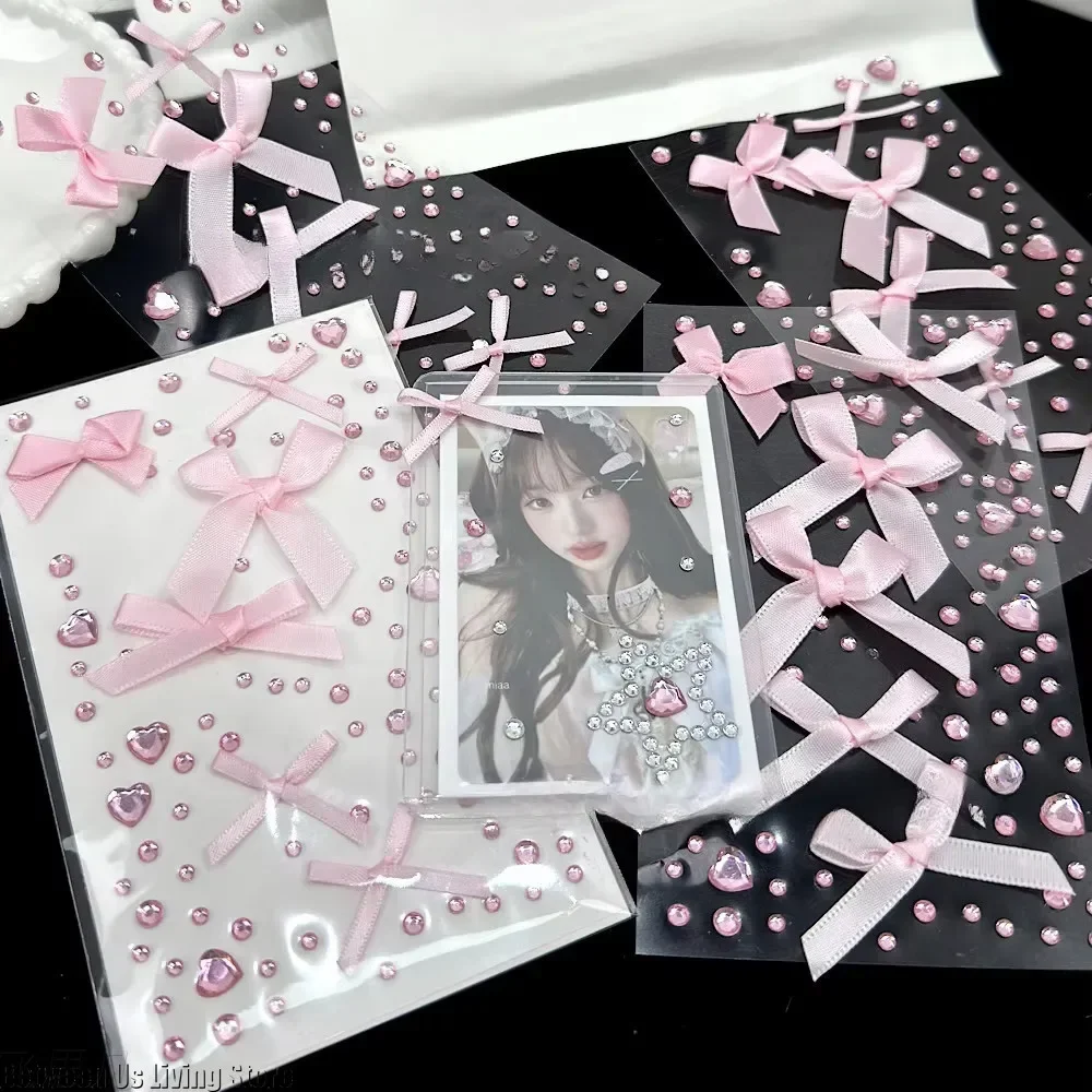 2Pcs 3D Pink Love Lace Bow Crystal Stickers Deco Stickers for DIY Kpop Toploader Cute Sparkly Rhinestone Stickers Girls Gifts view 6