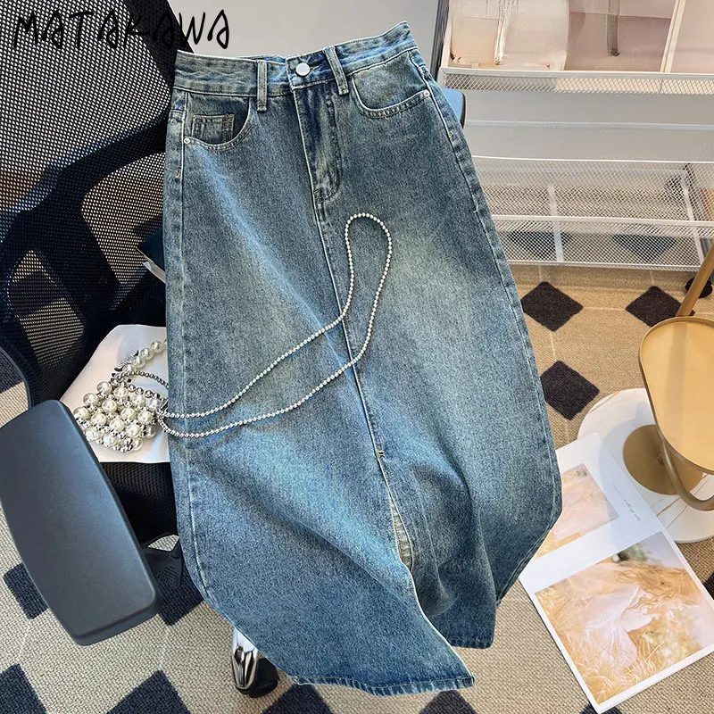 

Matakawa Denim Skirts Women A-line Korean Fashion Spring Summer Faldas Mujer High Waist Basics Sweet Elegant Long Skirt