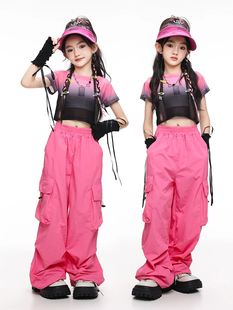 

Kid Kpop Hip Hop Semi Transparent Mesh Crop Top T Shirt Rose Casual Drawstring Cargo Pants for Girls Jazz Dance Costume Clothes