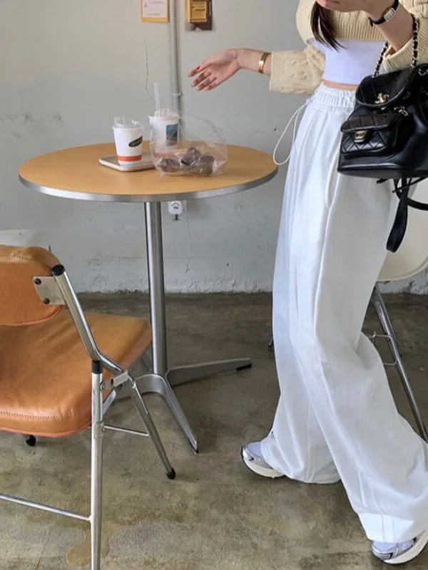 Retro Dongdaemun Wide Leg Sport Sweatpants Elastic Waist with Drawstring Autumn New Style Women's Comfortable Casual Trousers