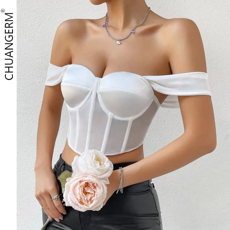 CHUANGERM Sexy Slim Corset Crop Tops Summer Fashion Sleeveless Tank Tops Partyclub Women's Elegance White Tops Bustier Camisole