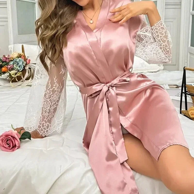 Hot Sale Sexy Underwear Lace See-through Backless Nightgown Ladies Sexy Pajamas Home Wear Tie Pajamas Robe Sleepwear Women