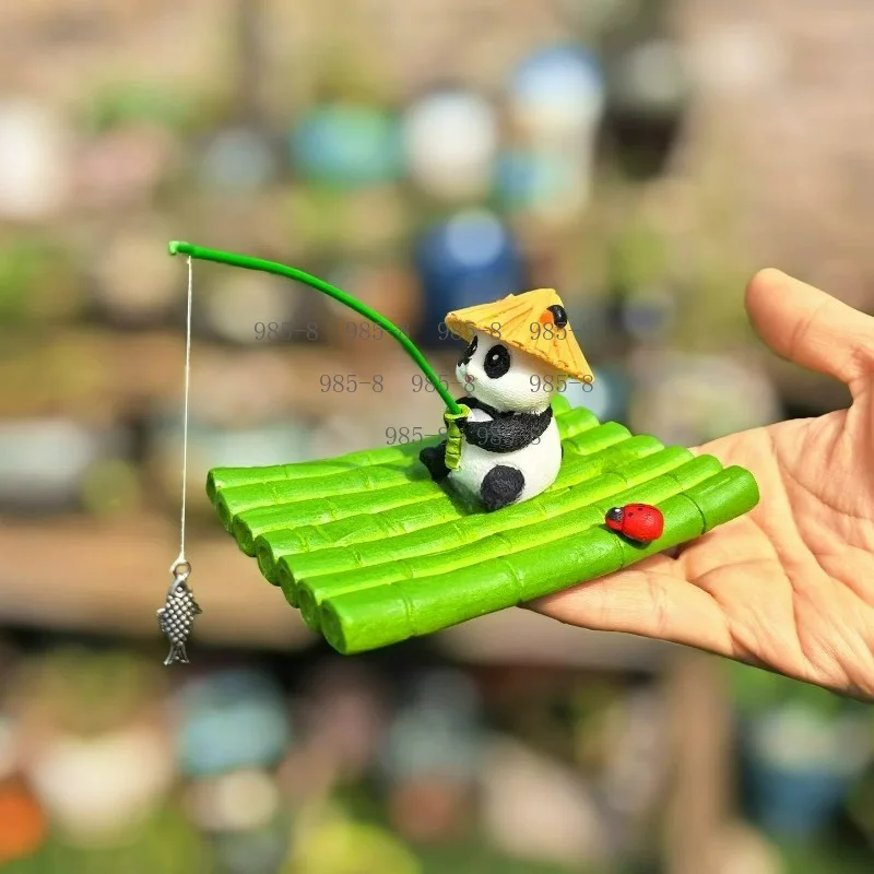 Floating Bamboo Raft Ornament Panda Fishing Mini Aquascaping Decor Fish Feeder For Courtyard Pond Water Tank Aquarium
