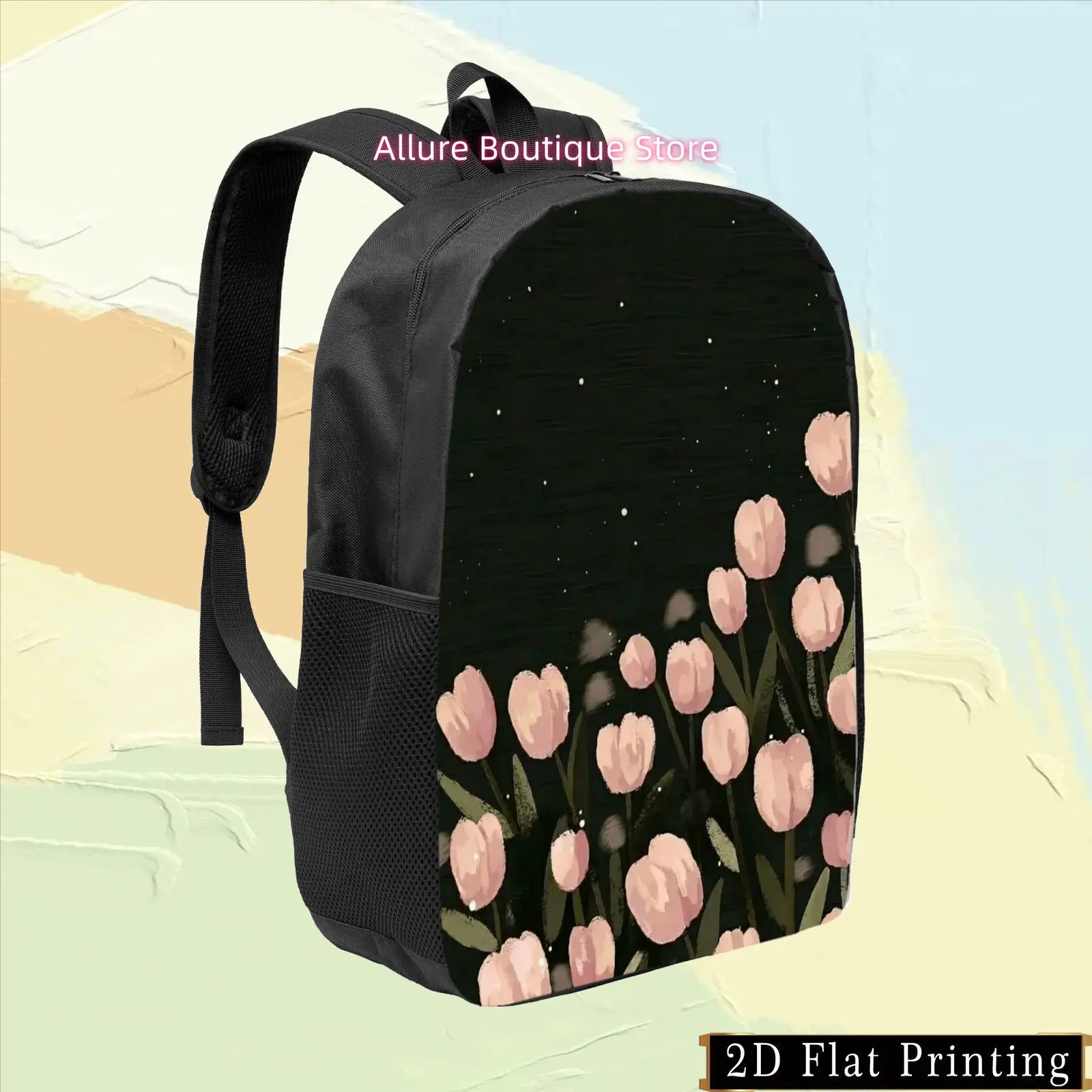 1pc Colorful Single-Sided Print Backpack, Hand-Washable Black Bag with Pink Tulip and Green Leaf Pattern, Versatile Commuter Sho