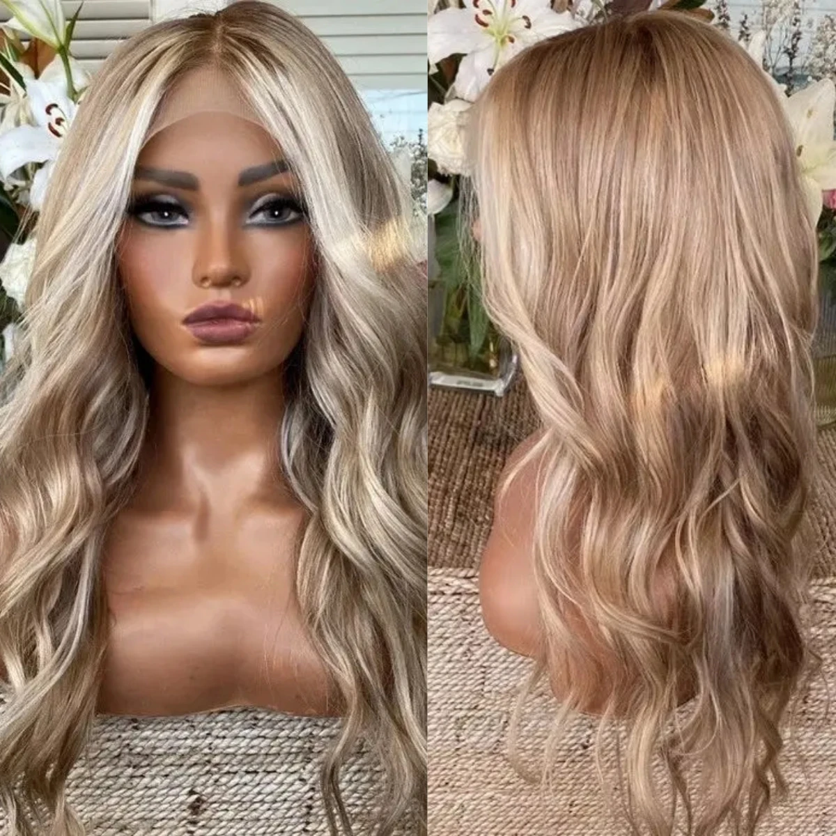 22”Highlight Ombre Ash Blonde HD Invisible Synthetic Lace Front Wig Shoulder Middle Part Hairline Frontal Lace Wig On Clearance