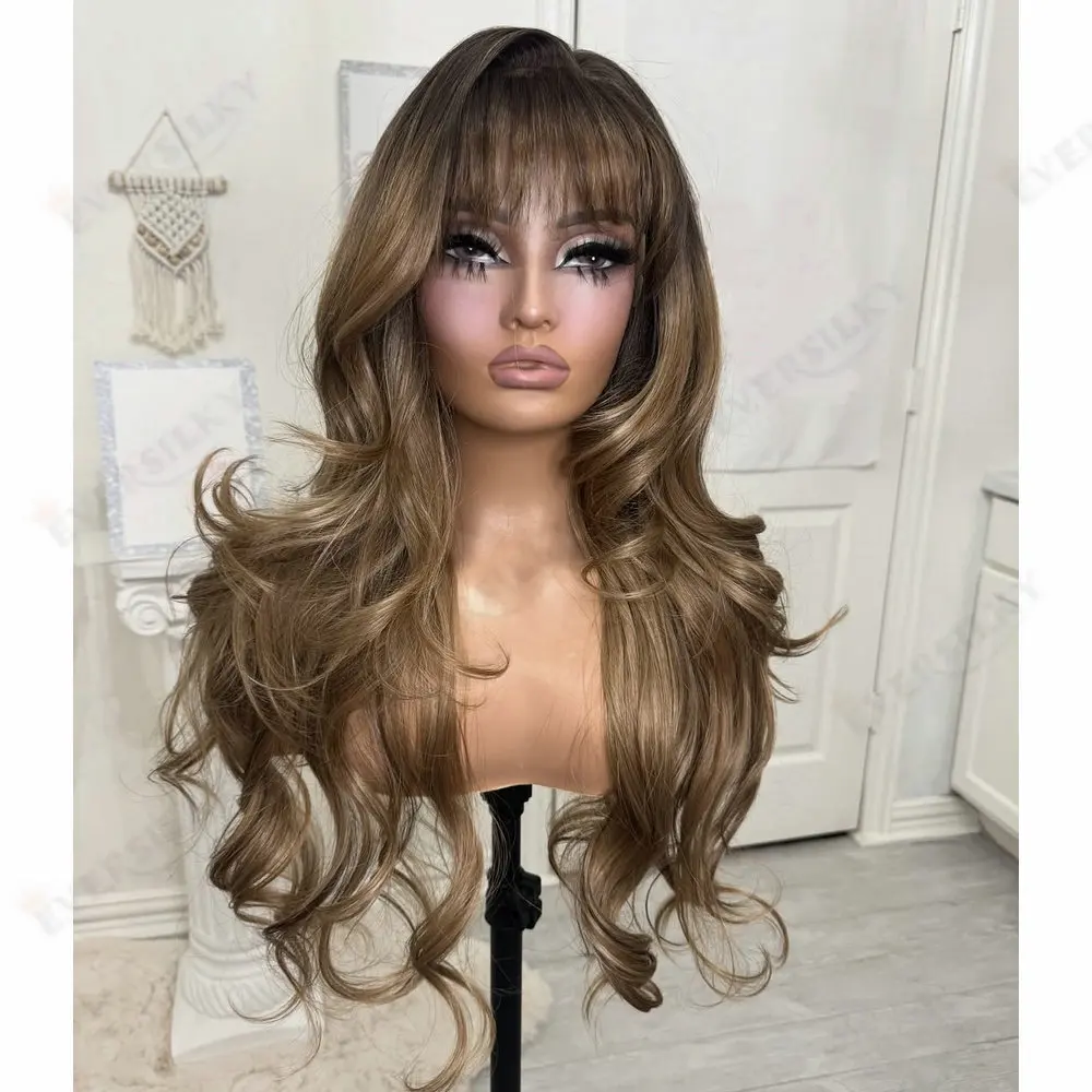 Perruques de cheveux humains indiens pleine dentelle avant pour femmes sans colle frange brun doré légèrement vague longue Remy 5x5 HD dentelle/360 perruques de dentelle