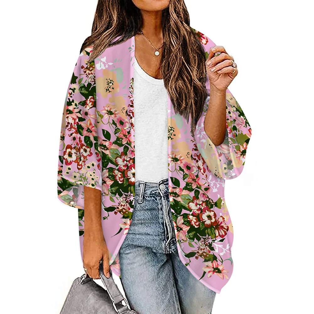 Casual Loose Cardigan Cover Up Summer Floral Printed Puff Sleeve Chiffon Kimono Blouse Tops Cropped Cardigans For Women Top Tee