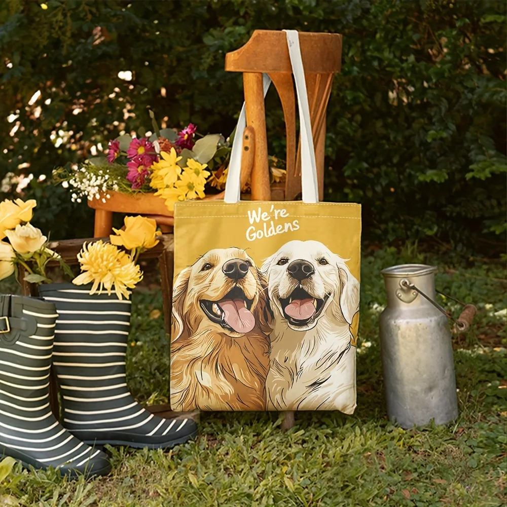 1 Stück niedliche weiße Handtasche mit Golden Retriever-Motiv und lächelndem Design mit dem Text „We're Golden“ aus Polyester, vielseitig einsetzbar für Arbeit, Reisen, Zugangstasche