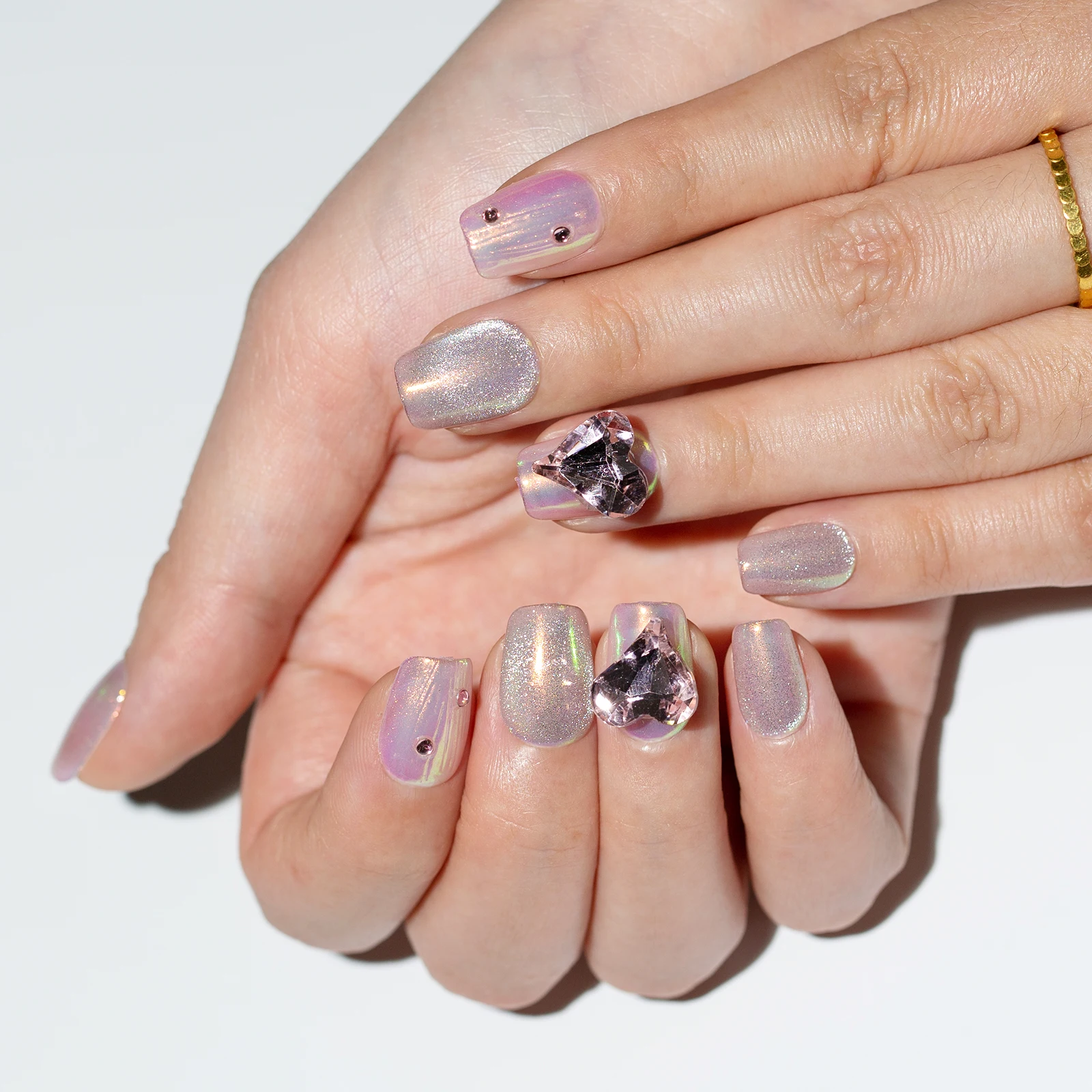10Pcs French Pearls Press on Nails Short Square Fake Nails Pink Heart Star False Nails Cat Eye Glitter Diamond Acrylic Nail Art view 4