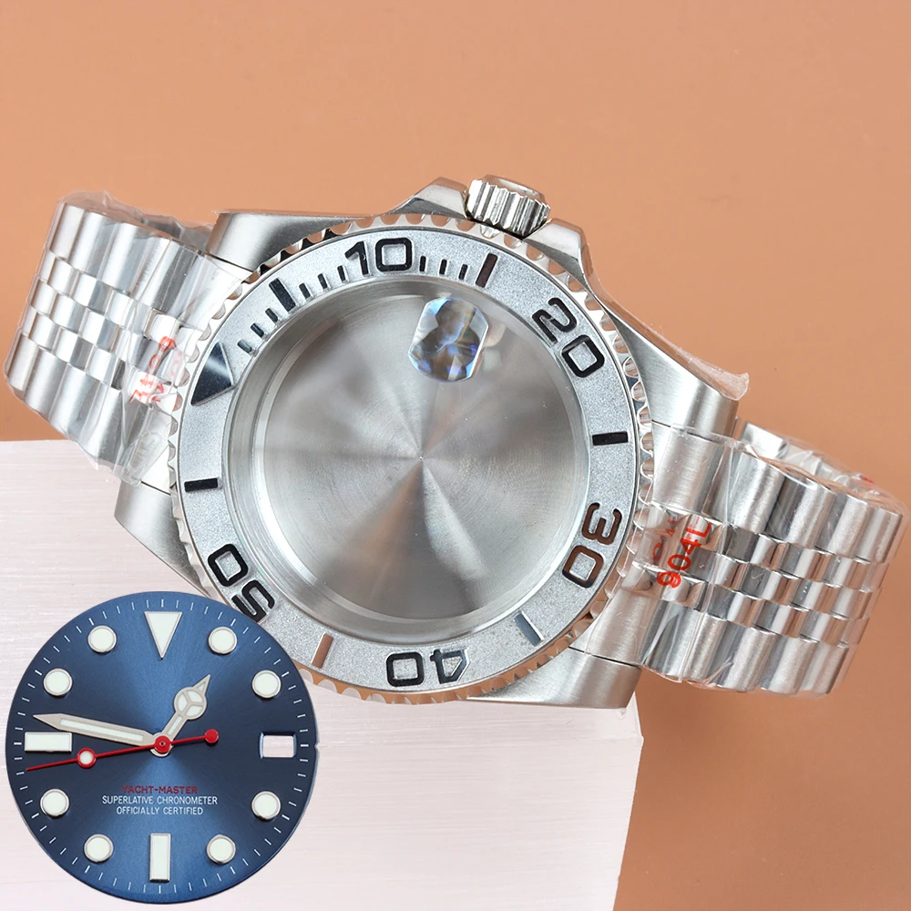 40 مللي متر حافظة الياقوت الزجاج الفولاذ المقاوم للصدأ اليوبيل حزام 28.5 مللي متر الطلب الأيدي الأزرق مضيئة صالح يخت ماستر NH35 NH36 NH38 حركة