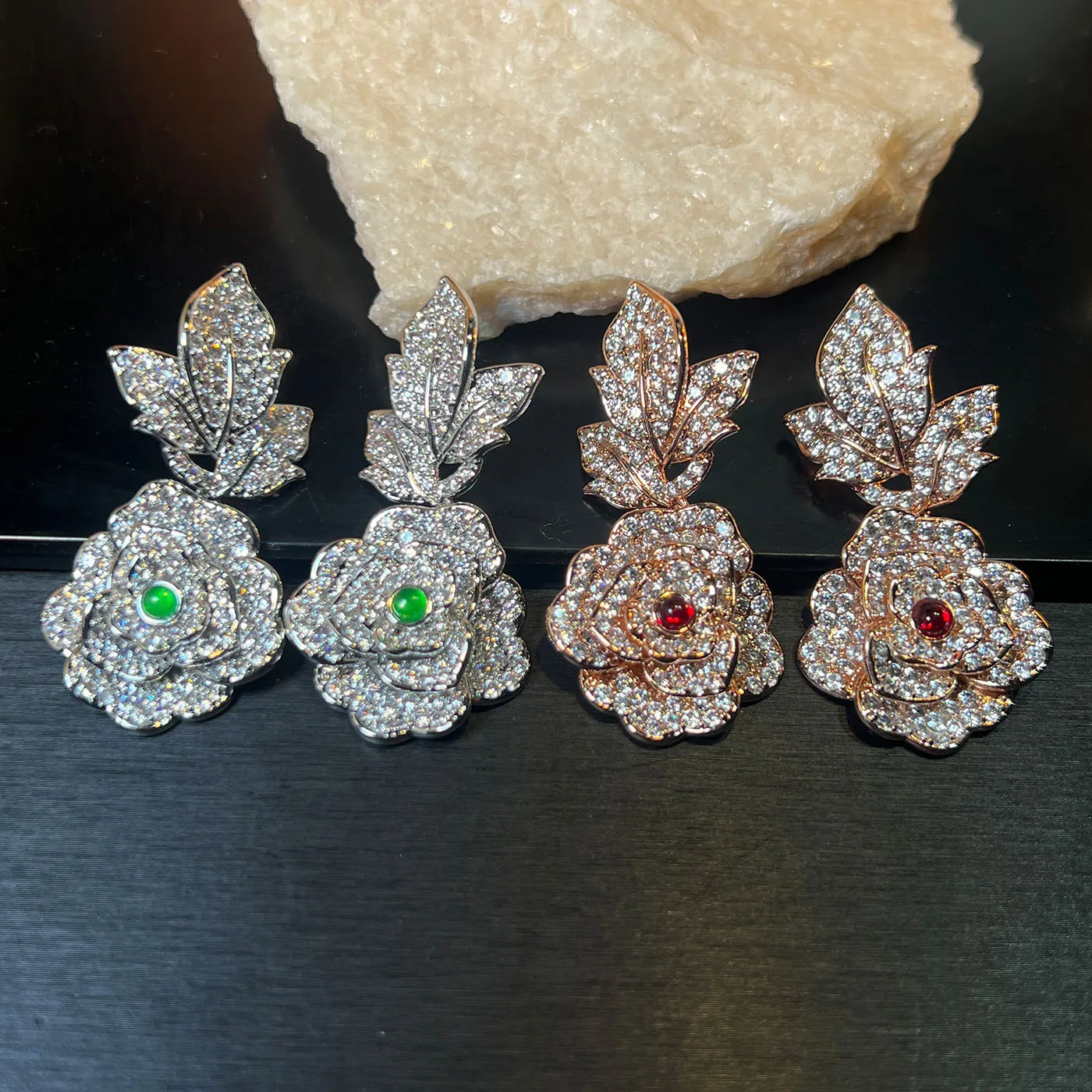 Full diamond rose earrings light luxury high-end leaf earrings