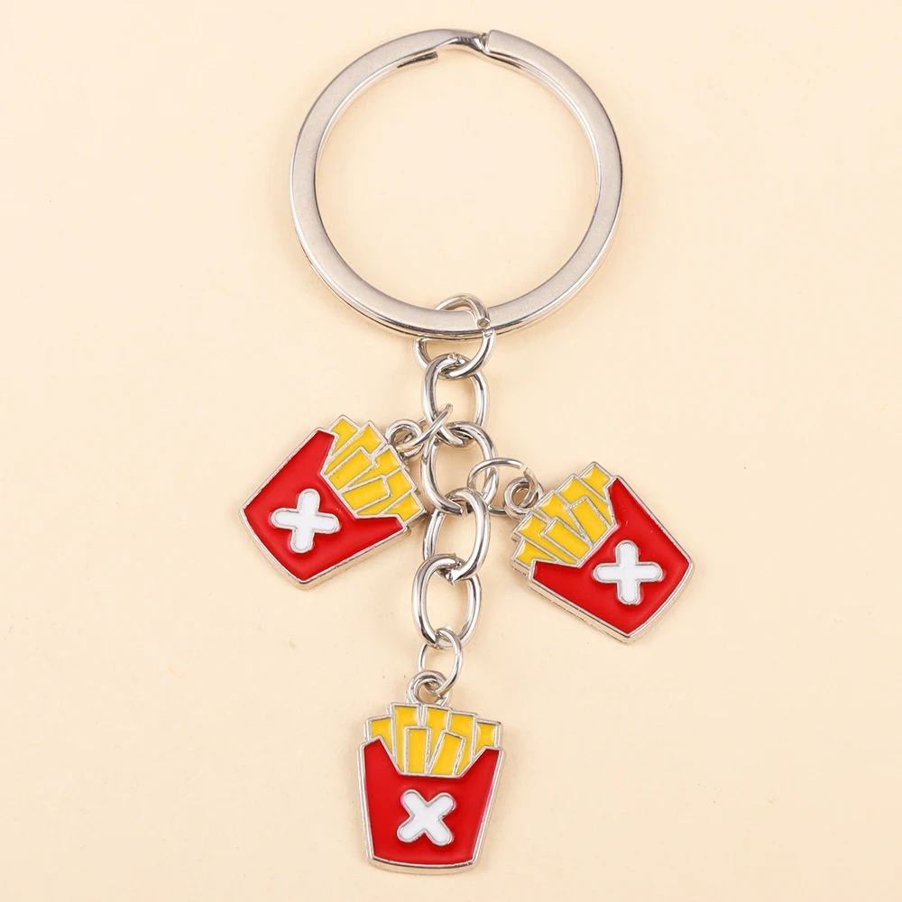 Cute Metal Enamel Chips French Fries Pendants Keychains Funny Food Key Holder Party Return Jewelry Gifts For Women Men Kids