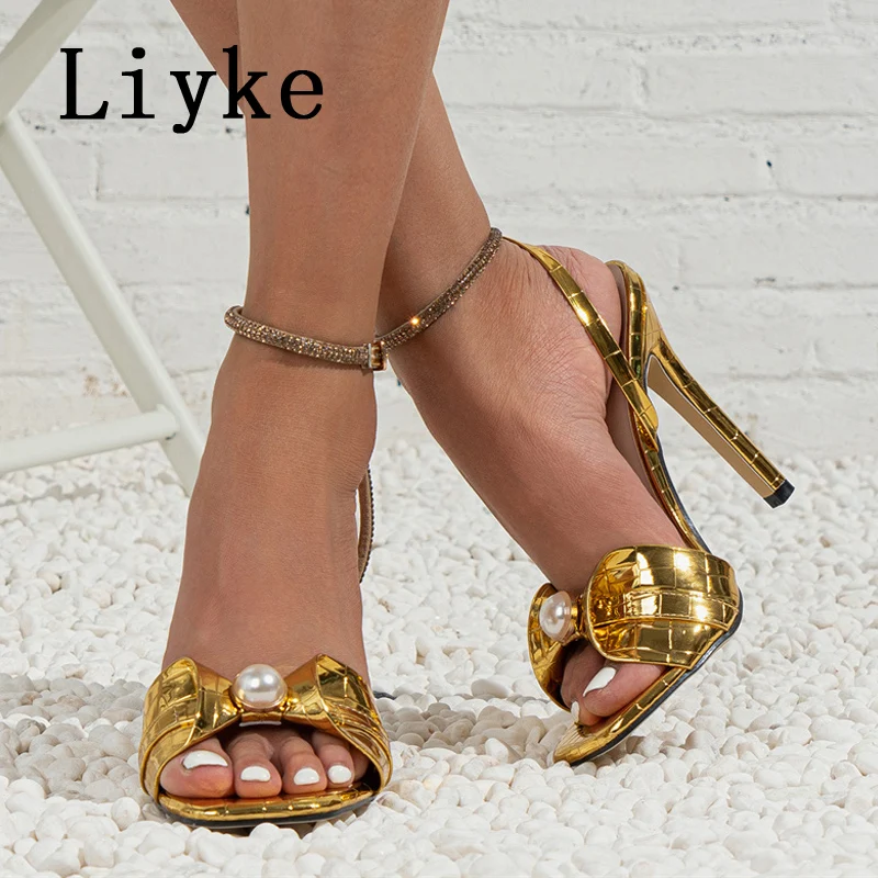 Liyke 2024 New Fashion Pearl Leather Narrow Band Women Sandals Sexy Snake Print Square Toe Crystal Rhinestone Shoes High Heels