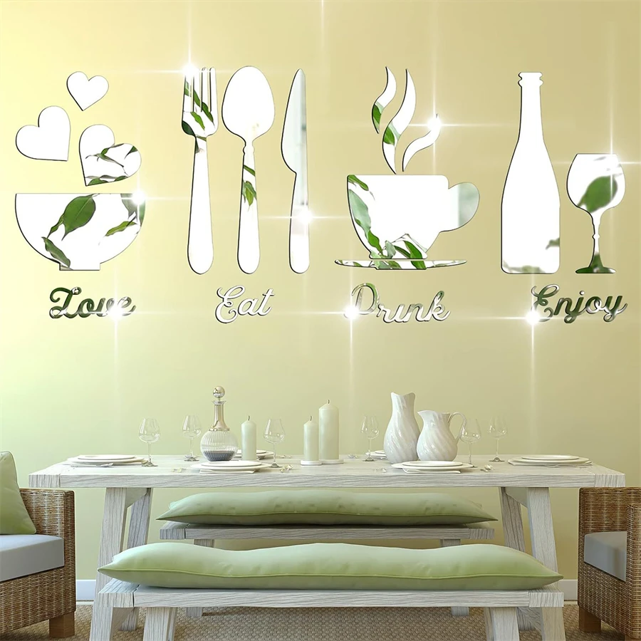 

3D Acrylic Mirror Wall Stickers Kitchen Decor Fork Spoon Bowl Tea Cup Bottle Signs Modern Art Deco Home Wall Decoration