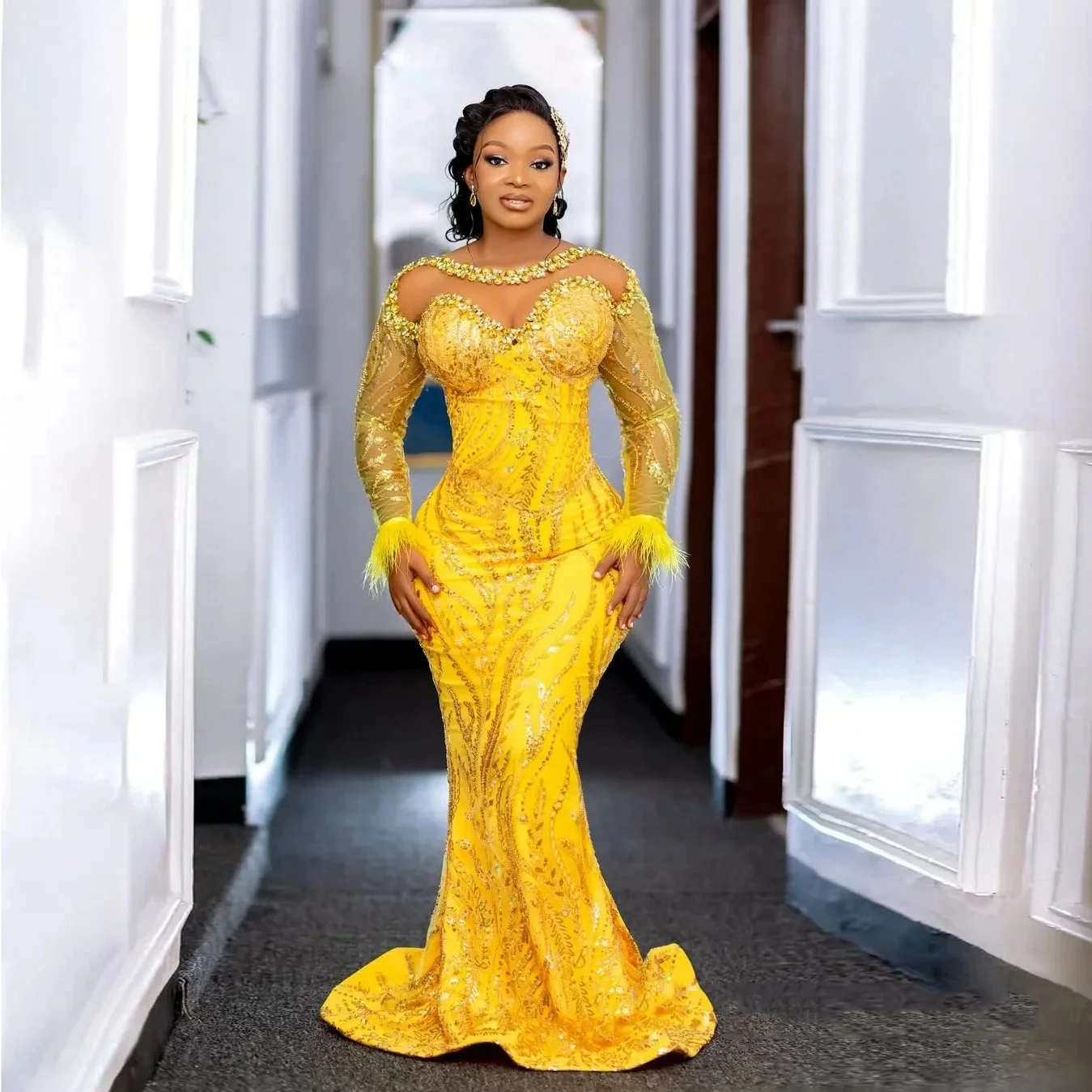 Yellow African Aso Ebi Evening Dresses Mermaid Long Sleeves Lace Beaded Party Gown Prom Dresses For Black Girls Customized