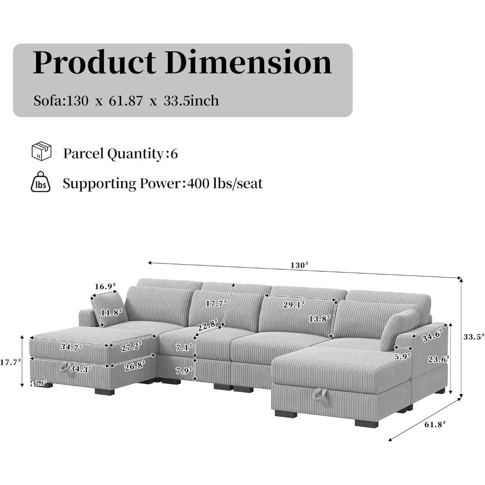 Living Room Sofa, with 2 Ottoman,Corduroy Couch with 6 Pillows,Oversized U Shaped Modular Sectional Sofas ,6 Seater Sofa