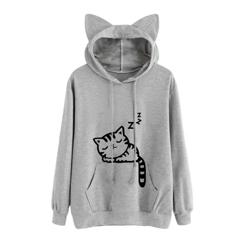 Damen-Kapuzenpullover mit Katzenohren, gemütlicher Katzenohren-Hoodie mit großer Tasche für Damen, süßes Kitty-Druck-Pullover-Sweatshirt für Herbst und Winter für Zuhause