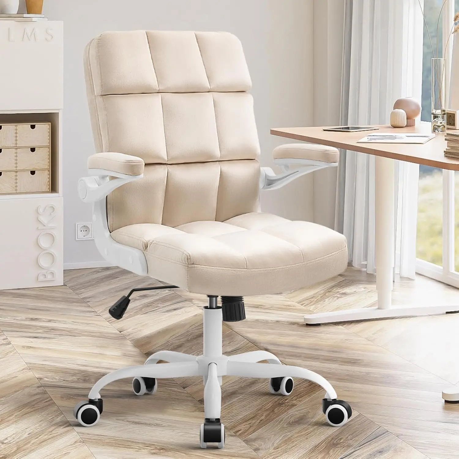 

Desk Chairs with Wheels Beige White Office Chairs with Flip Armrest Fabric Office Chair for Adjustable Backward Tilt