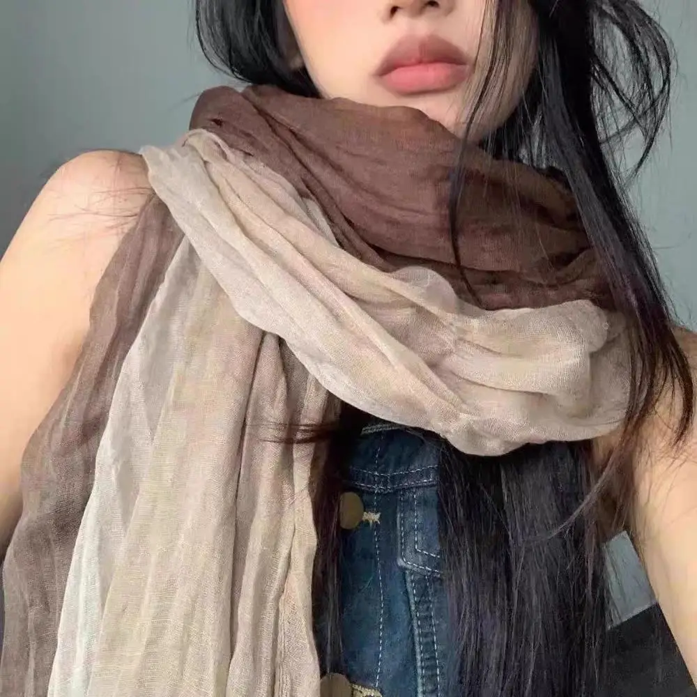 Syal Jilbab Selendang Lipat DIY Lipatan Panjang Selendang Warna Berubah Bertahap Syal Katun dan Linen Gaya Etnik Retro Syal Panjang Wanita