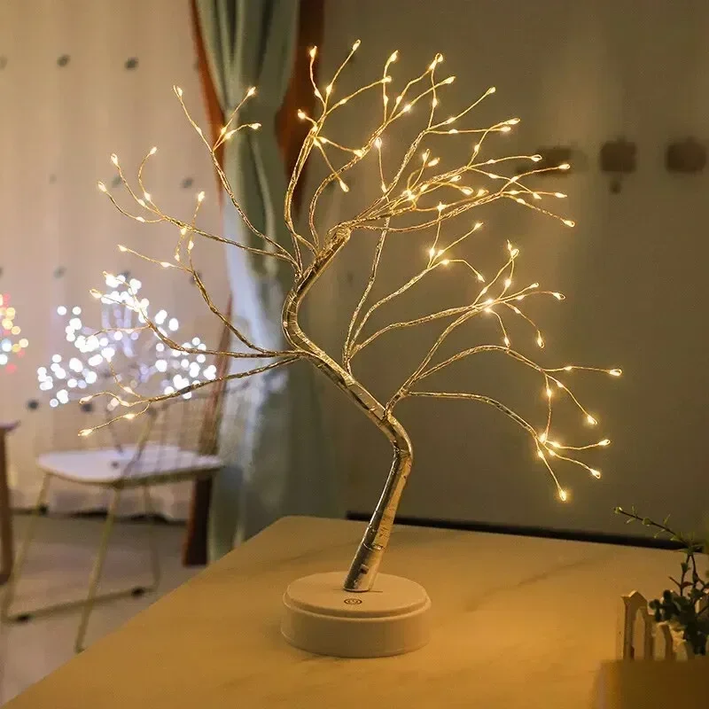Tree Shape Copper Wire LED Table Lamp Creative USB AA Battery Night Light Indoor Decor Lighting for Bedroom Study Room Home   Q