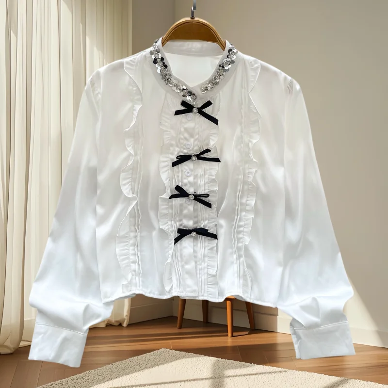 

2025,New,European,Clothes,Loose,Ruffles,Blouse,Fashion,Sexy,Stand,Shiny,Beading,Button,Bowknot,Women,Long Sleeve,Hot,Tops,41292