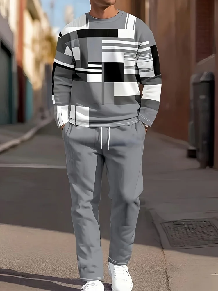 

2025 модный мужской комплект с длинными рукавами и буквенным принтом, комплект из двух предметов, футболка с длинными рукавами и круглым вырезом, брюки на шнурке