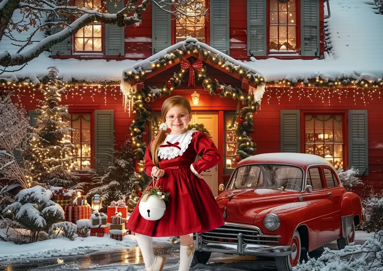 Christmas Photography Backdrop Red House Christmas Decorations Vintage Car Presents Trees Snow Background Photo Studio Photocall