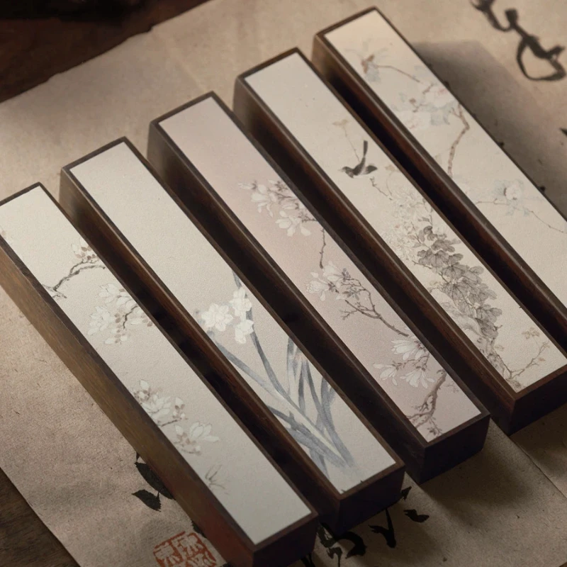 Black Ebony Wood Long Bar Paperweights with Flower Bird Pattern Calligraphy Painting Desk Decoration Press Paper Weight Gift Box