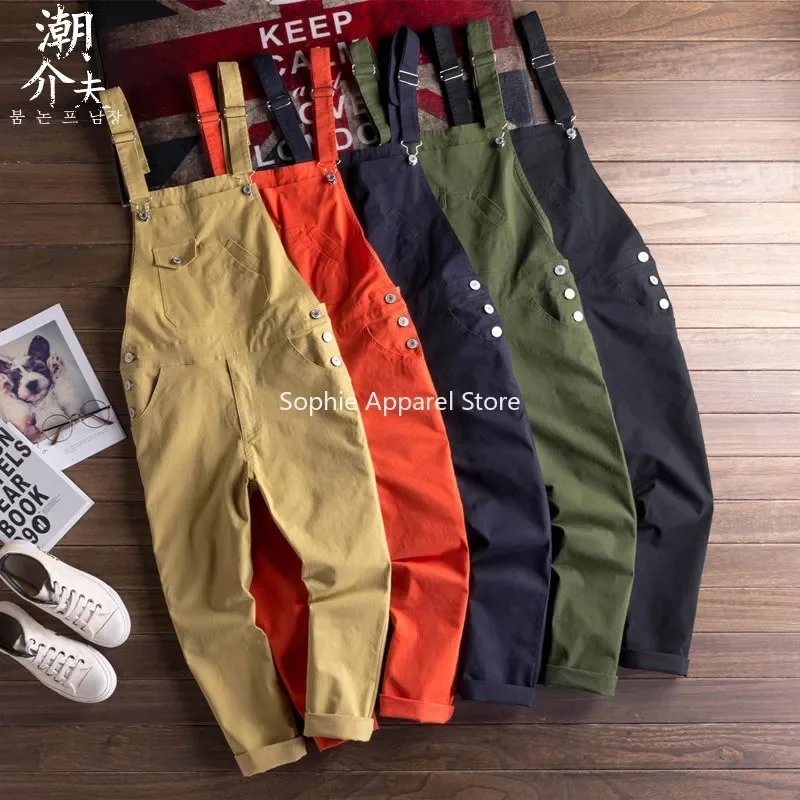 Casual Bib Overalls for Men Korean Kpop Clothes Women Pockets Ankle Length Skinny Cargo Pants Couple Khaki Trousers