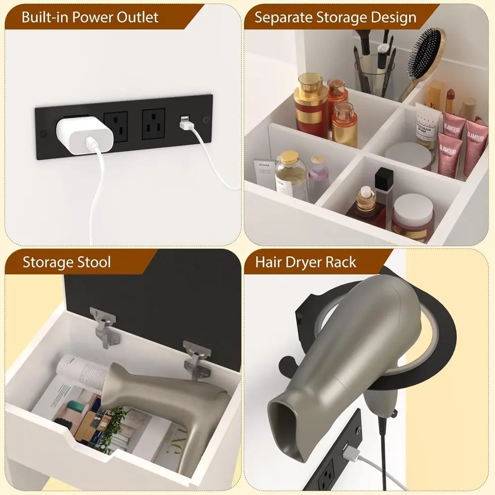 Weißer 39,2-W-Schminktisch mit Spiegel, Beleuchtung und Ladestation, 3 Beleuchtungsmodi, Aufbewahrungsstuhl-Set für Schlafzimmer