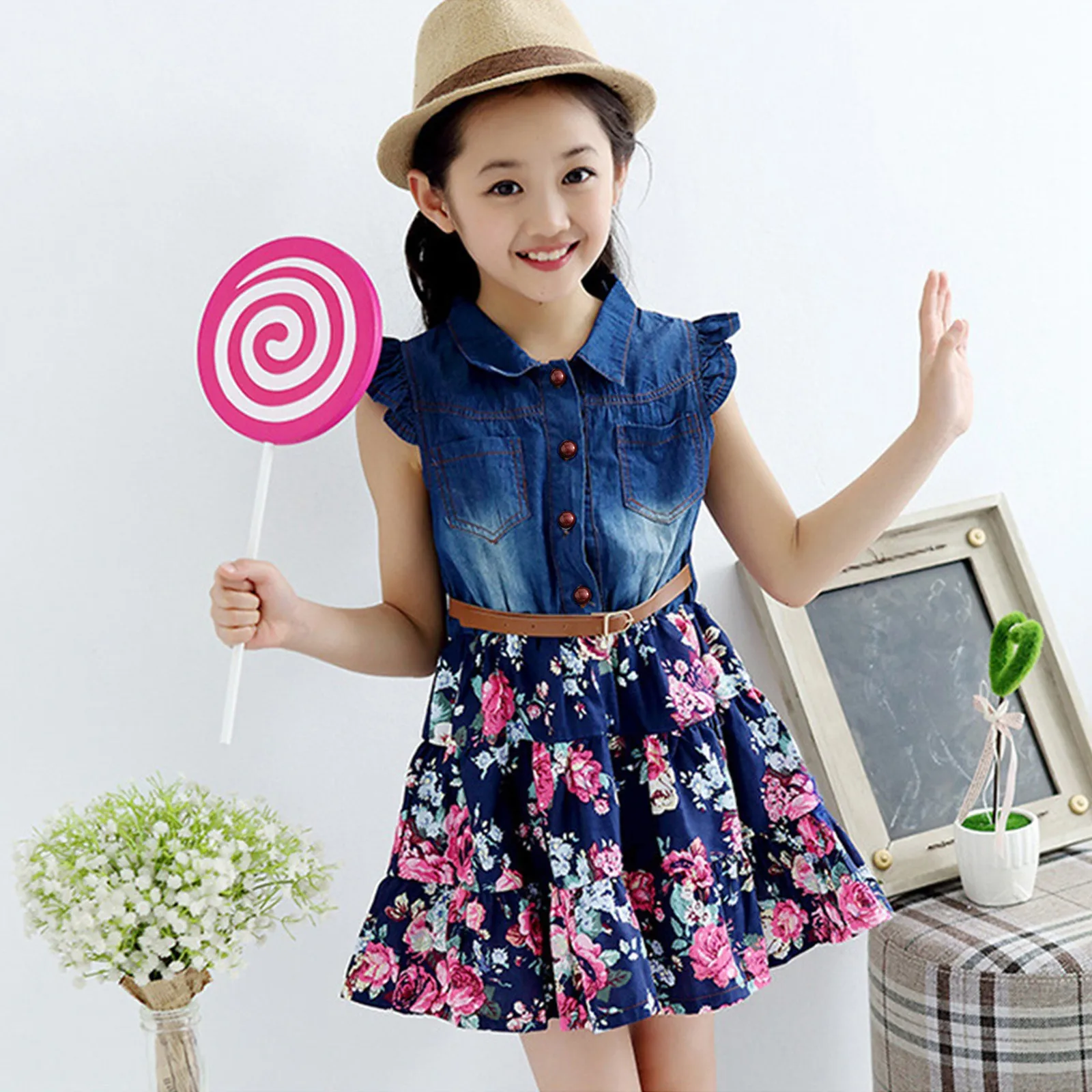 Bohemian Style Girls Summer Denim Dress Floral Frocks Children Chic Belted Robe A Line French Style Casuals Dresses For 1-9Years