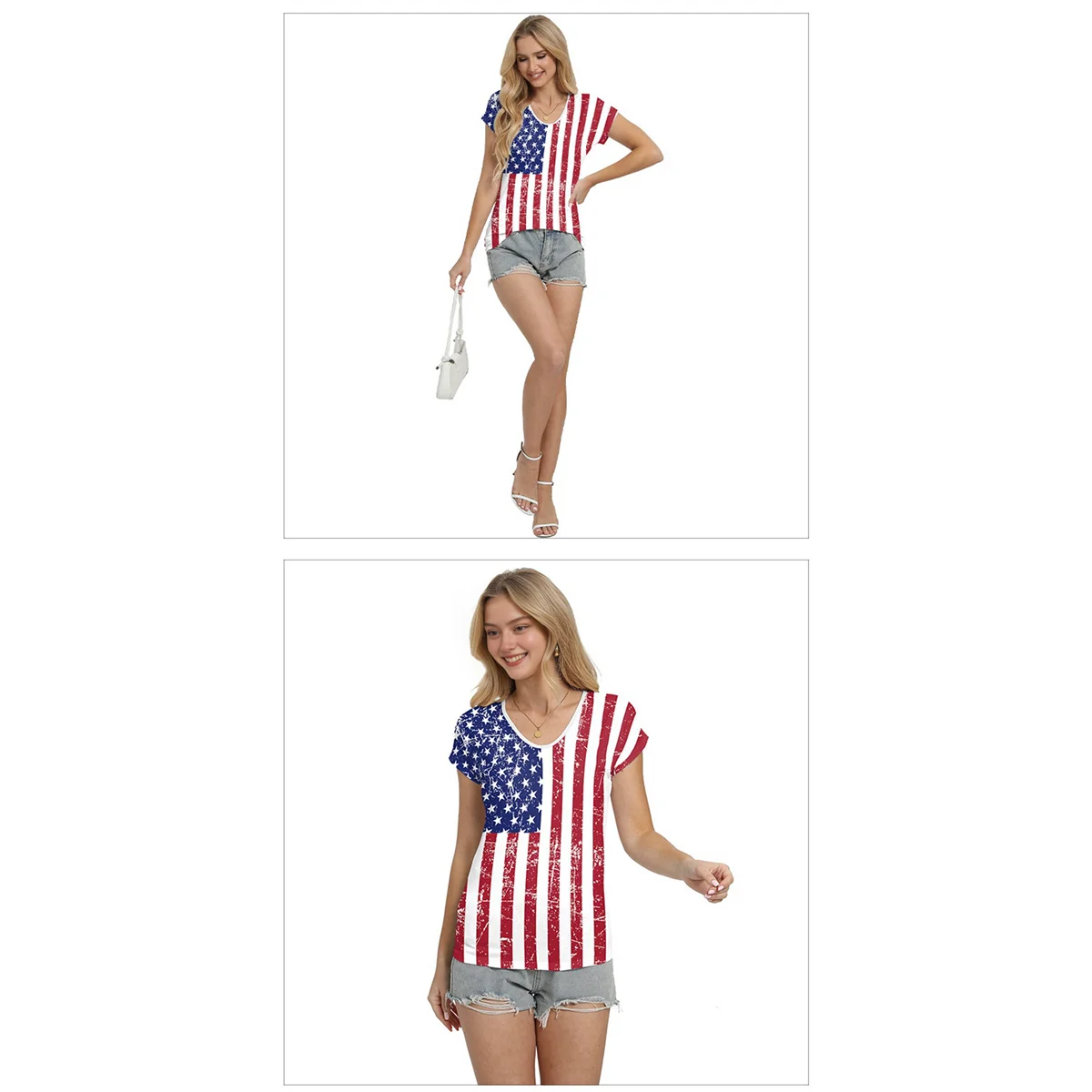 Camiseta con bandera americana para mujer, camisetas informales con estampado de bandera americana y estrella del 4 de julio, camisetas con cuello en V, CG021-1004 L
