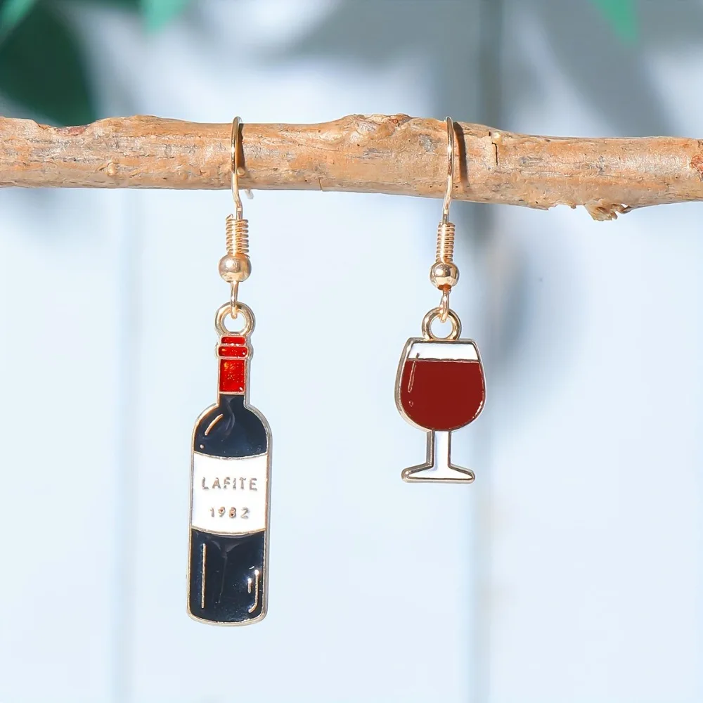 Creative Cute Simulation Mini Red Wine Bottle Highball Glass Asymmetry Dangle Earrings for Women Personality Jewelry Accessory