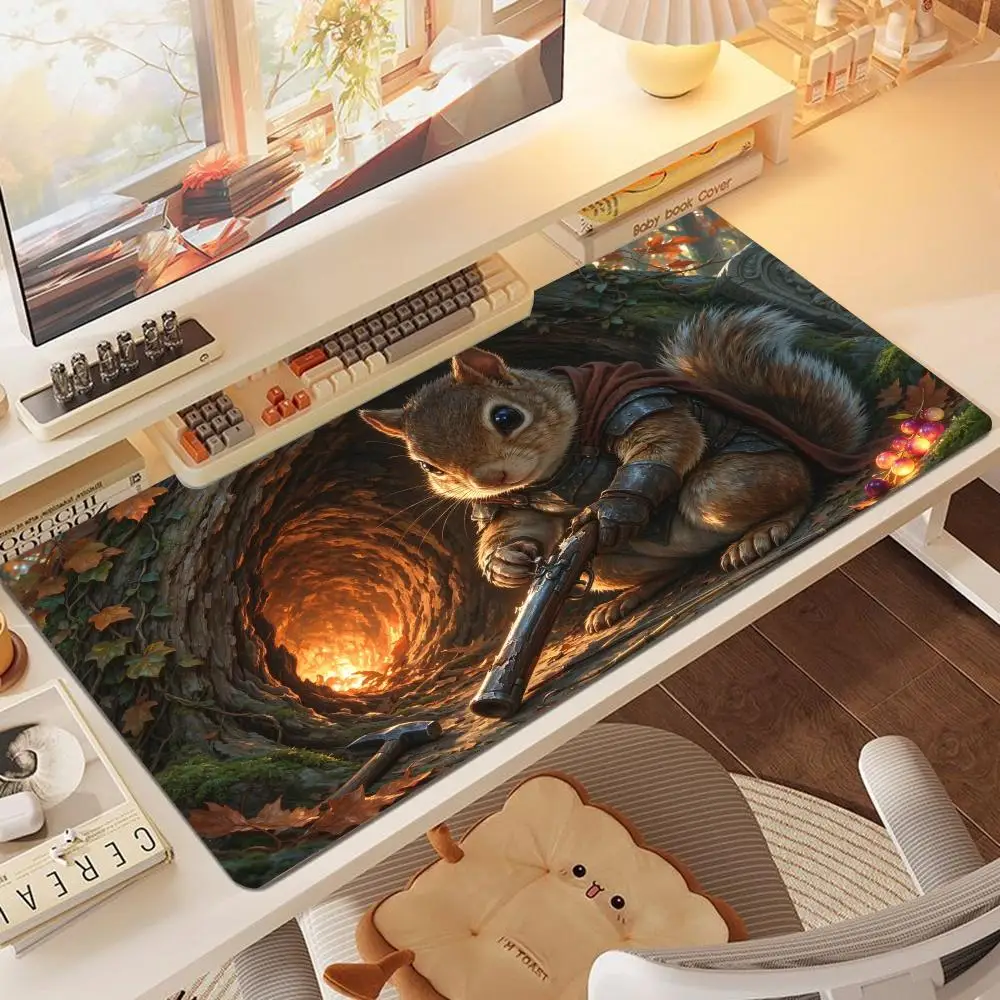 Squirrel Swordsman Ancient Forest Table Mat Smooth Glide Stitched Edges Large Size For Gaming Office Decor