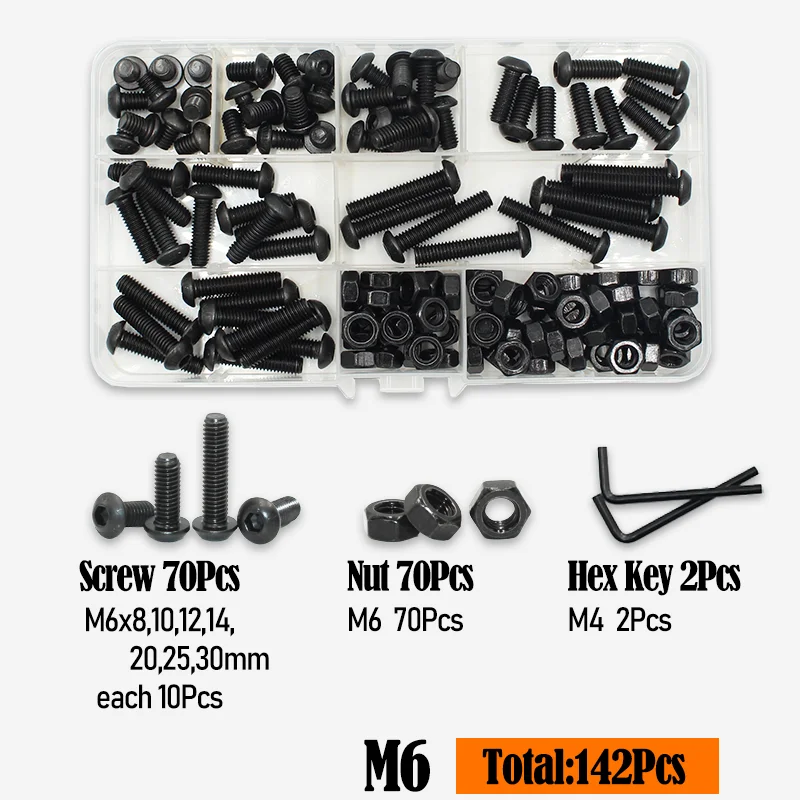 2510-teiliges Rundkopfschrauben-Set M2 M2.5 M3 M4 M5 M6 Schwarz 10.9 Güte Innensechskant-Kopfschrauben Bolzen Muttern Unterlegscheiben ISO7380