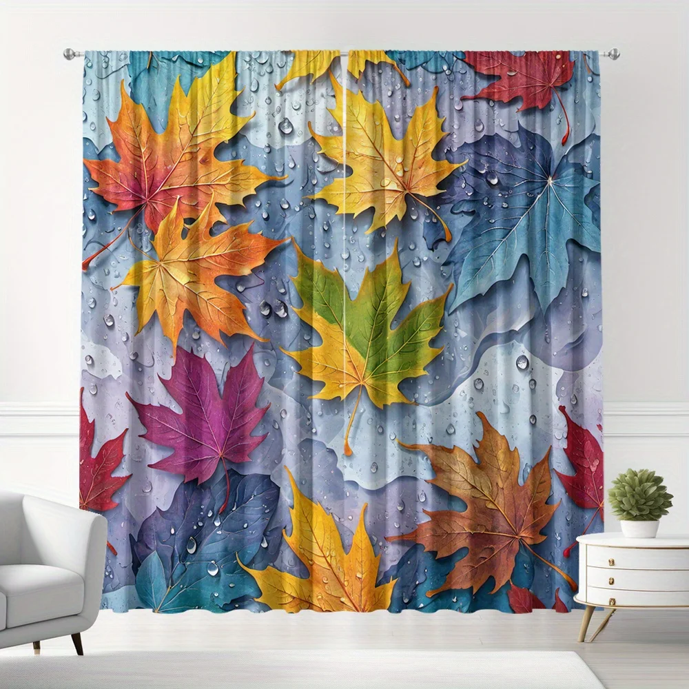 Autumn Maple Leaf Water Droplet Curtains Set of 2 Rod Pocket Semi Sheer for Living Room Bedroom Decor