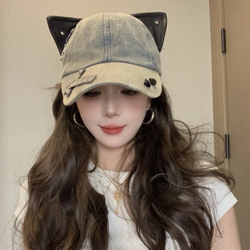 Cute Cartoon Denim Washed Baseball Cap Versatile Wind Ear Design for Men Women Korean Style Face Enhancing Soft Duckbill Cap