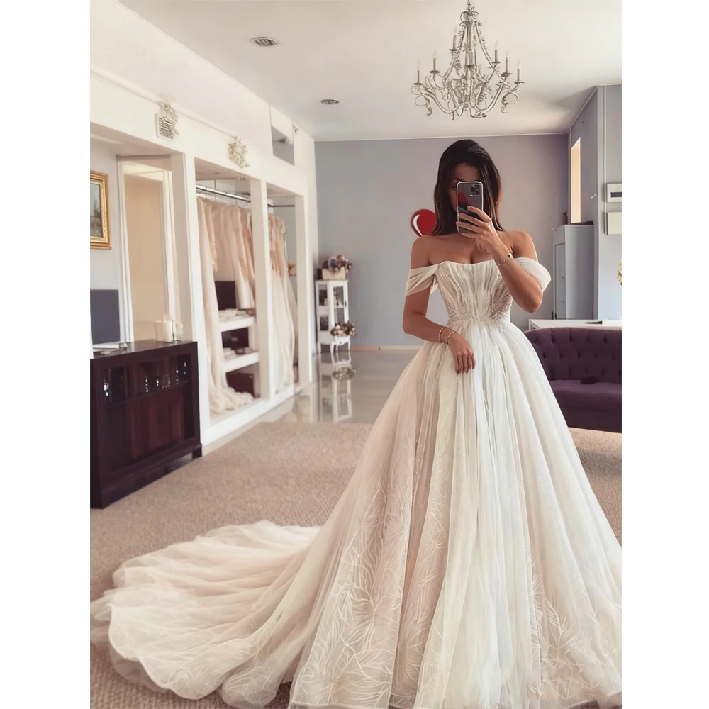 

Tulle Glitter Wedding Dresses 2025 Luxury A-Line Elegant Bride Gowns A-Line Pleat Applique Dresses For Women 2025 robe de mariée